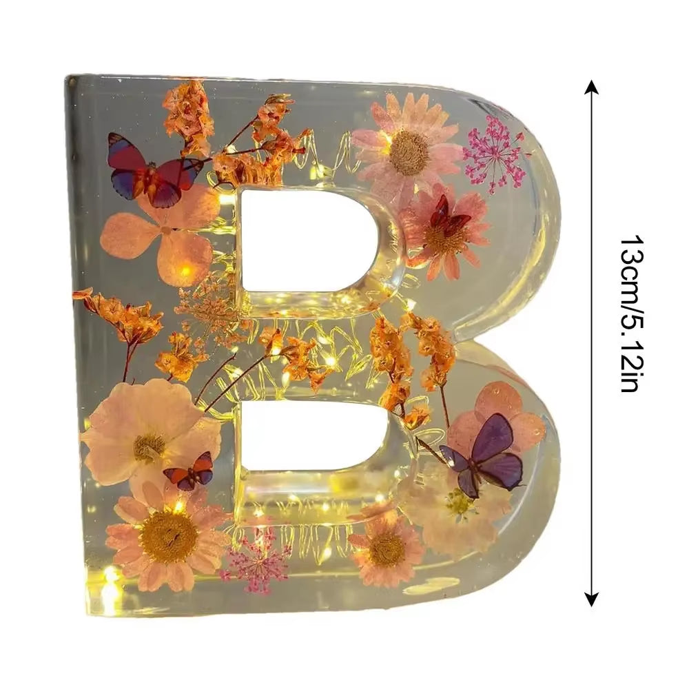 Floral Letter Night Light Alphabet Letter LED Lights Luminous Number Lamp Decorative Resin Lamp with Initial Letter & Dry Flower